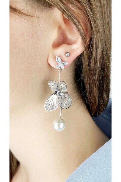 Neon Takı by Atalay Steel Flower Earrings with Sensitivity Tag and Pearl Dangle, 640, Silver Color