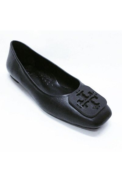 stok83 Women's Black Genuine Leather Cornered Ballerinas