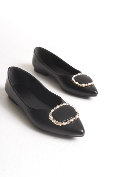Ayakkabı Delisiyim Women's Ballerina Black Semmy Pointed Toe Comfortable Lightweight Orthopedic Sole with Stone Accessories