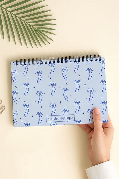 Eldesen Tasarım Weekly Planner A5 Notebook with Flexible Thin Cardboard Cover, 1 Year Planner, Blue Bow