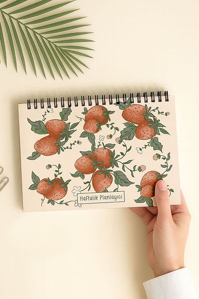 Eldesen Tasarım Weekly Planner A5 Notebook with Flexible Thin Cardboard Cover, 1 Year Planner, Strawberry