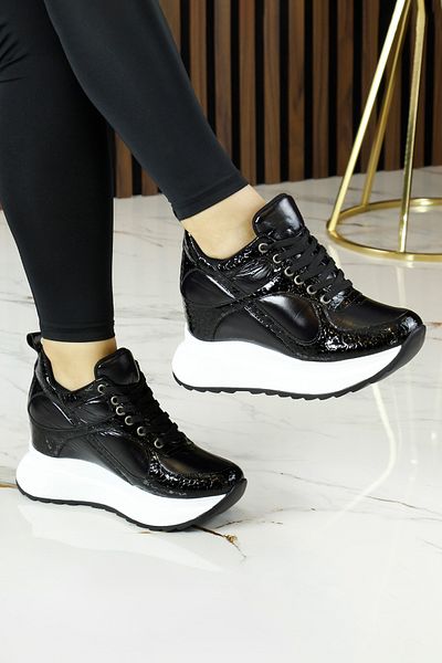 Erkan Saçmacı Aurelia Black White Patent Leather Croco Patterned Lace up Hidden Padding Casual Shoes