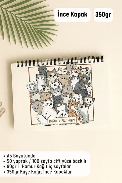 Eldesen Tasarım Weekly Planner A5 Notebook with Flexible Thin Cardboard Cover, 1 Year Planner, with Cat