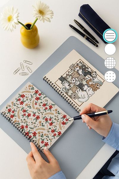 Eldesen Tasarım Checkered and Striped Notebook Set, A5 Size 50 Sheets 100 Pages Set of 2, with Cat