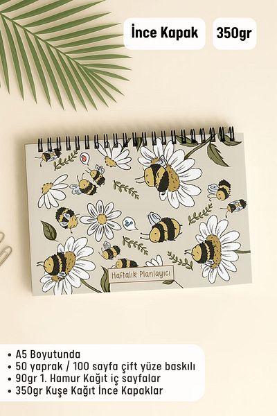 Eldesen Tasarım Weekly Planner A5 Notebook with Flexible Thin Cardboard Cover, 1 Year Planner, with Bee