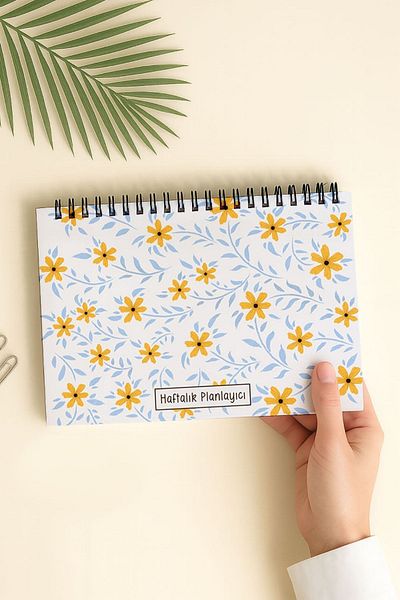 Eldesen Tasarım Weekly Planner A5 Notebook with Flexible Thin Cardboard Cover, 1 Year Planner, Yellow Daisy