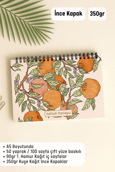 Eldesen Tasarım Weekly Planner A5 Notebook with Flexible Thin Cardboard Cover, 1 Year Planner, Orange