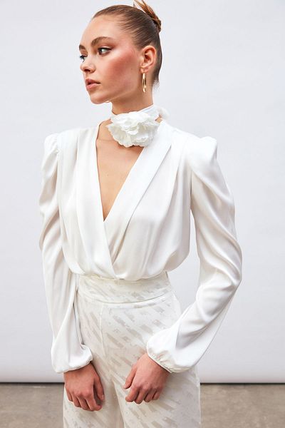 Sateen Ecru Satin Double Breasted Bodysuit Blouse