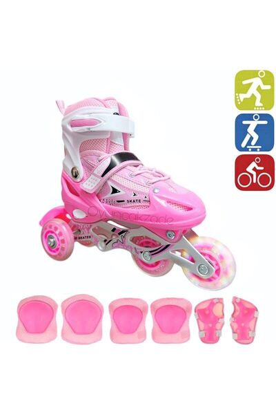 OyuncakZade Pink Skates Double Row Adjustable Lighted Aluminum Body Practice ...