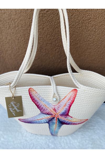 ELÇİÇEK HOME Straw Bag, Handle Bag, Transfer Printed Beach Bag