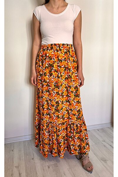 520CK Kadın Çiçek Desenli Viskon Uzun Etek - Tesettür Etek