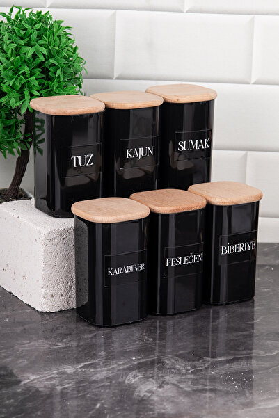 DNS HOME 250 ml Vacuumed Bamboo - Black Acrylic Spice Bowl Set with 6 Labels as a Gift