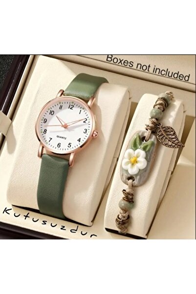 BBS Kadın Kol Saati ve Bileklik Seti - Yeşil Deri Kayış - Çiçek Desenli El Yapımı Bileklik Kutusuz