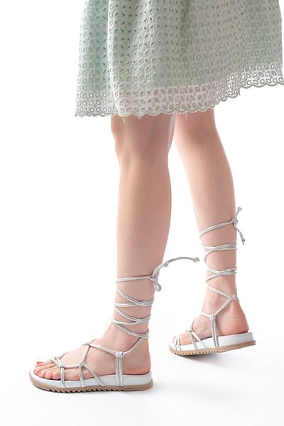 serkanseyyid 1001-1001 White Silver Ankle Lace Women's Sandals