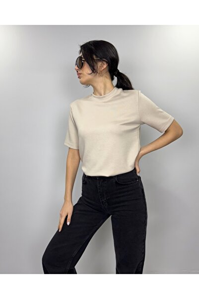 deqfashion Bej Kadın Bisiklet Yaka Modal Basic Tişört