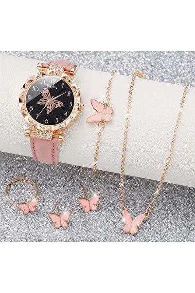 S.D.R 6 Parça Şık Kuvars Kadın Saati Yüzük Bileklik Küpe Kolye Seti (kutusuz )