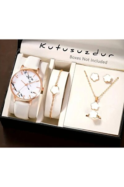 BBS "Mermer Desenli Kadın Saat ve Çiçek Takı Seti - Kutusuz"