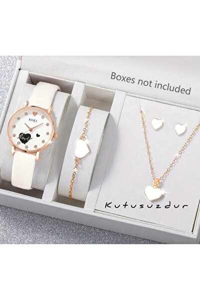 BBS "Şık Kadın Saat Takı Seti - SOKI Kol Saati, Kalpli Bileklik, Kolye ve Küp...