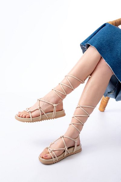 serkanseyyid 1001-1001 Beige Ankle Lace-Up Women's Sandals