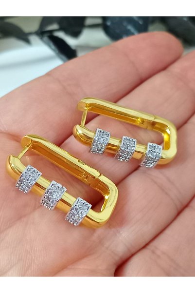 mos&more Gold Üç Sıra Taşlı Dörtgen Halka Küpe