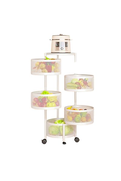 OEM Mobile Kitchen Organizer with Five Rotating Baskets for Storing Fruits and Vegetables, White