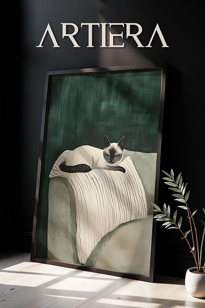 HİGUERA Portret abstract de pisică în somn pe scaun gri Pictură murală cu cadru din lemn