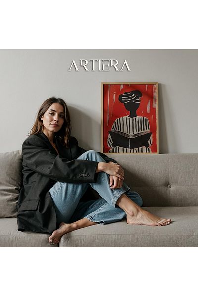 HİGUERA Roșu Negru Alb Dungi Portret de femeie Artă minimalistă contemporană Pictură de perete cu rame din lemn