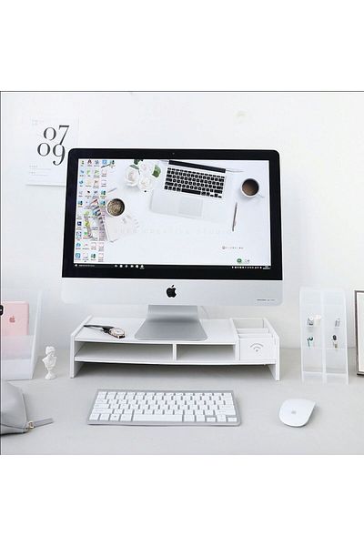 OEM Monitor/Laptop Stand, White ABS, 49 x 10 x 20.4 cm, with 5 Compartments
