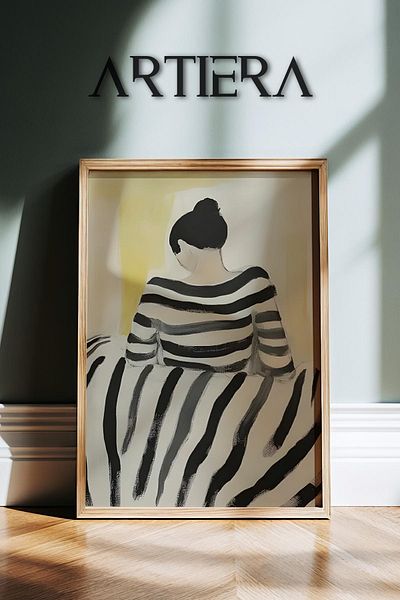HİGUERA Figura din spate cu dungi alb-negru Portret abstract de femeie Pictură de perete cu rame din lemn