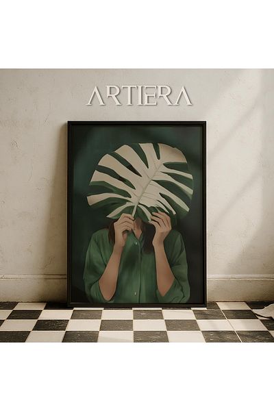 HİGUERA Monstera Leaf Mysterious Abstract Portret de femeie Minimalist Pictură de perete cu rame din lemn