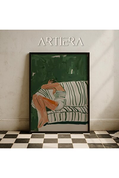 HİGUERA Αφηρημένο γυναικείο πορτρέτο που αναπαύεται σε πράσινο ριγέ σαλόνι Ζω...