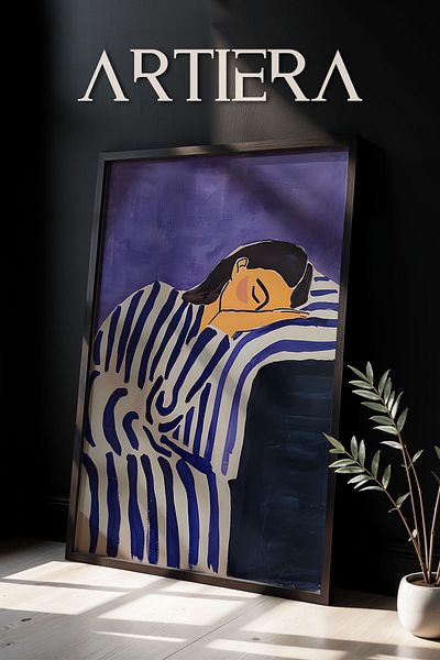 HİGUERA Portret de femeie abstractă în dungi albastre în tonuri de violet Pictură murală cu rame din lemn