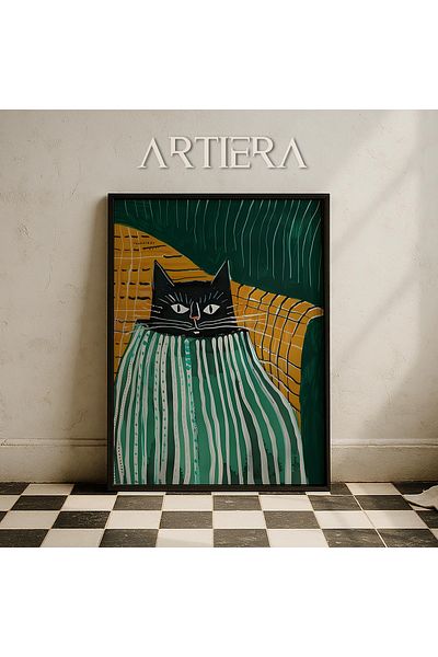 HİGUERA Pictură de perete cu cadru din lemn de animale abstracte pisică neagră în interiorul pătratului cu dungi verzi