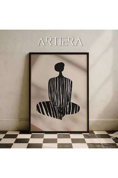 HİGUERA Figura unei femei care face yoga în dungi alb-negru, pictură murală minimalistă modernă cu cadru din lemn
