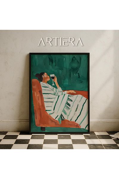 HİGUERA Pictură de perete cu cadru din lemn uman abstract înclinat cu dungi albe pe fundal verde