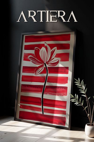 HİGUERA Ridicat în roșu, elegant, flori, botanica, artă minimalistă contemporană, pictură murală cu rame din lemn