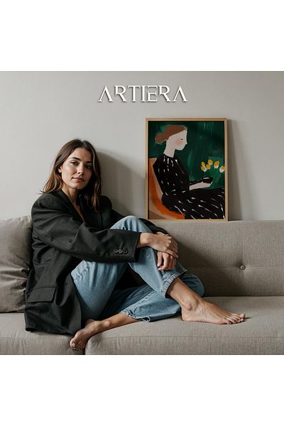 HİGUERA Portret de femeie care băută cafea cu flori galbene Pictură murală într-un rama din lemn