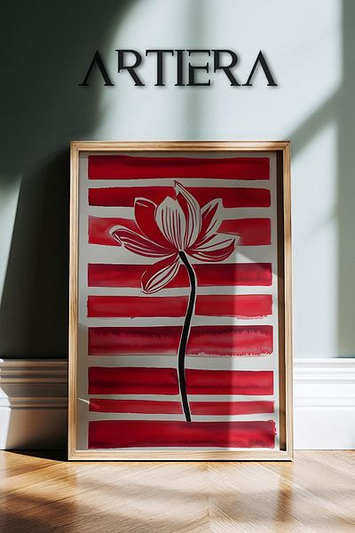 HİGUERA Ridicat în roșu, elegant, flori, botanica, artă minimalistă contemporană, pictură murală cu rame din lemn