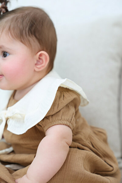 MİLNA BABY&KİDS %100 Pamuk Müslin Yakalı Kız Bebek Elbise (6-18 Ay)