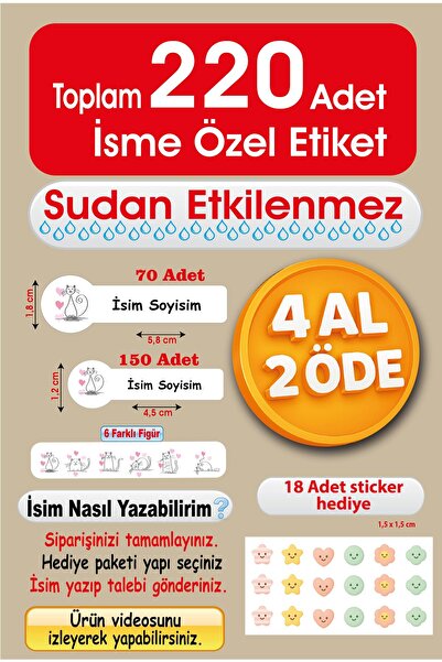Foldart Sevimli Kedi Okul Etiketi Kalem, Defter İsimli Etiket İsim Yazılabile...
