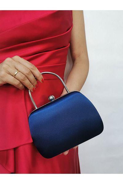 NAZART Rochie de seară din satin bleumarin pentru femei, cu cureaua cu lanț, geantă de umăr de logodnă de nuntă