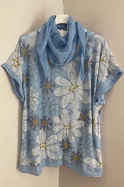 AYASOFYA OTANTIK Bluză casual italiană pentru femei, albastru bebeluș, cu eșarfă, cu model de crizantemă, mâneci și tiv, cu paiete