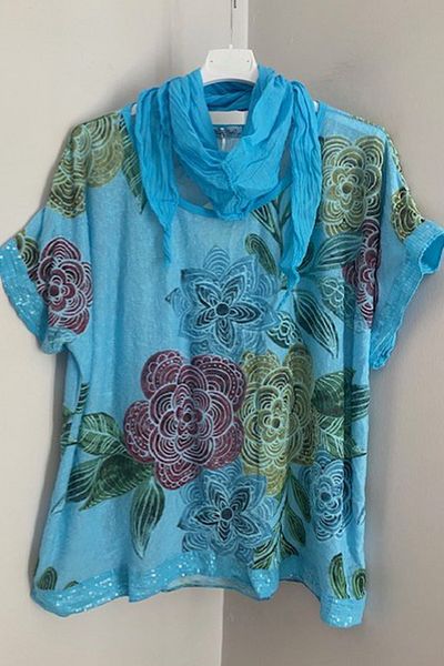 AYASOFYA OTANTIK Women's Italian Turquoise Scarf Layered Flowers Patterned Sleeves and Hem Sequin Loose Blouse