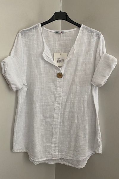 AYASOFYA OTANTIK Women's Italian White Button Detailed 3/4 Sleeve Oversize Loose 100% Cotton Blouse Tunic