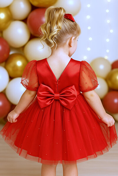 TREEMASS Abiye Kız çocuk Elbisesi Tüllü Saten İncili Düğün ve Doğum Günü