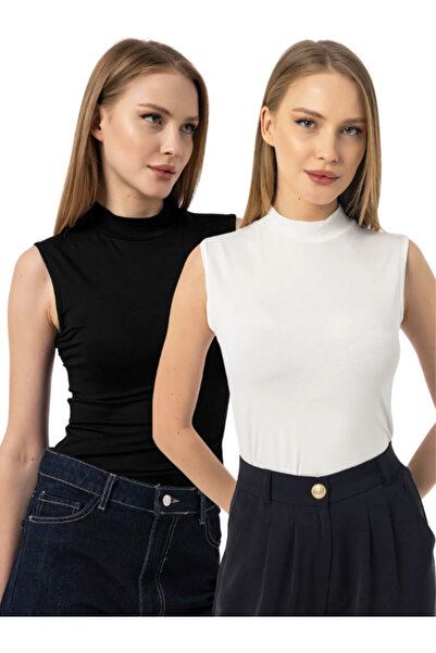 dgs look Kadın Siyah Beyaz 2'li Kolsuz Body Yarım Boğaz