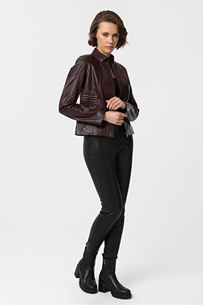 Deriderim Bordo Lotus Fermuarlı Astarlı Kısa Omuzda Ve Kolda Dikişli Dar Kesim Kadın Hakiki Deri Mont