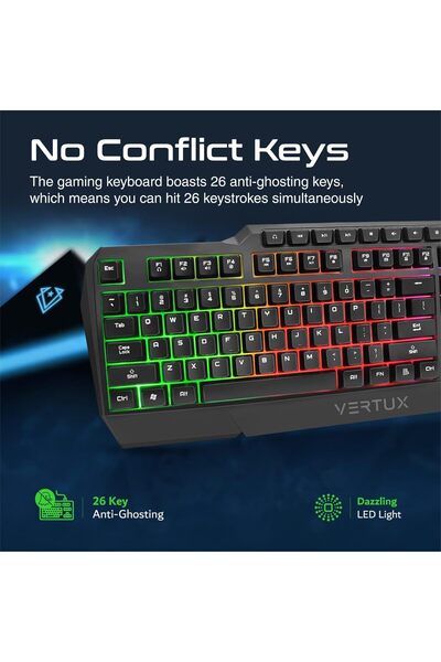 VERTUX مجموعة أدوات بدء الألعاب 4 في 1، سماعة رأس LED مع ميكروفون، لوحة مفاتيح مريحة، ماوس 3600 نقطة في البوصة، لوحة ماوس LED