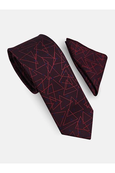 Milleniva Geometric Pattern Burgundy Tie & Handkerchief