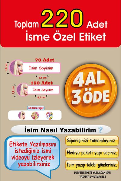 cabuk baskı School Label Pen Notebook Label Custom Name Writable Label Barbie 220 Pieces